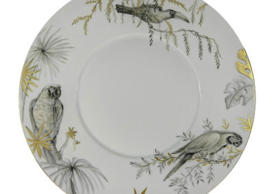 Peinture sur Porcelaine - Perroquets - Assiette-Black-n-Gold-Parrots - Aude de Boisjan